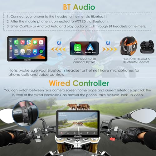 7" Waterproof Motorcycle Carplay Screen with Dual Dash Cam C954