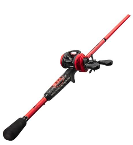 Fluorescent Red Baitcast Reel and Fishing Rod Combo D462