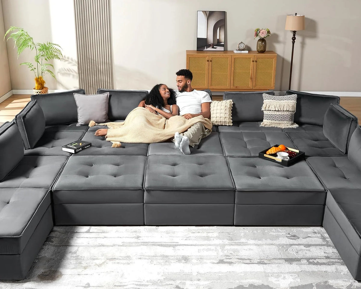 7 Seater Velvet Beige Sectional Sofa A396