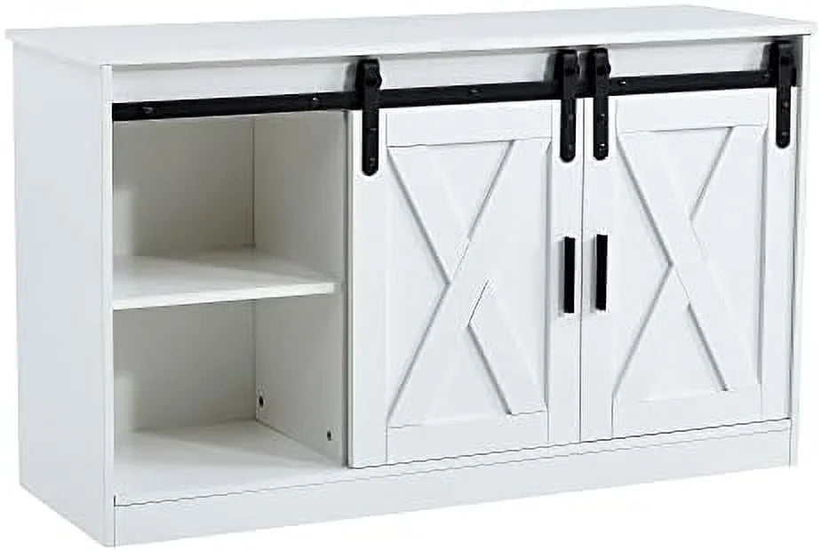 47 Inch White Farmhouse TV Stand with Sliding Barn Door R567722