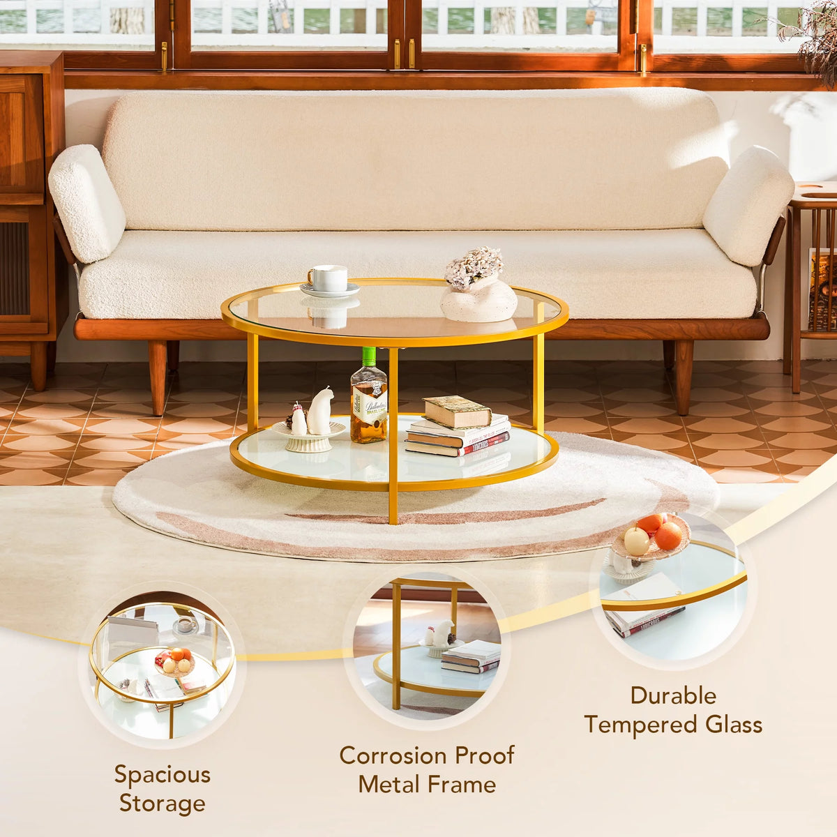 Glass Coffee Table with Storage Shelf Metal Frame Gold Y3890