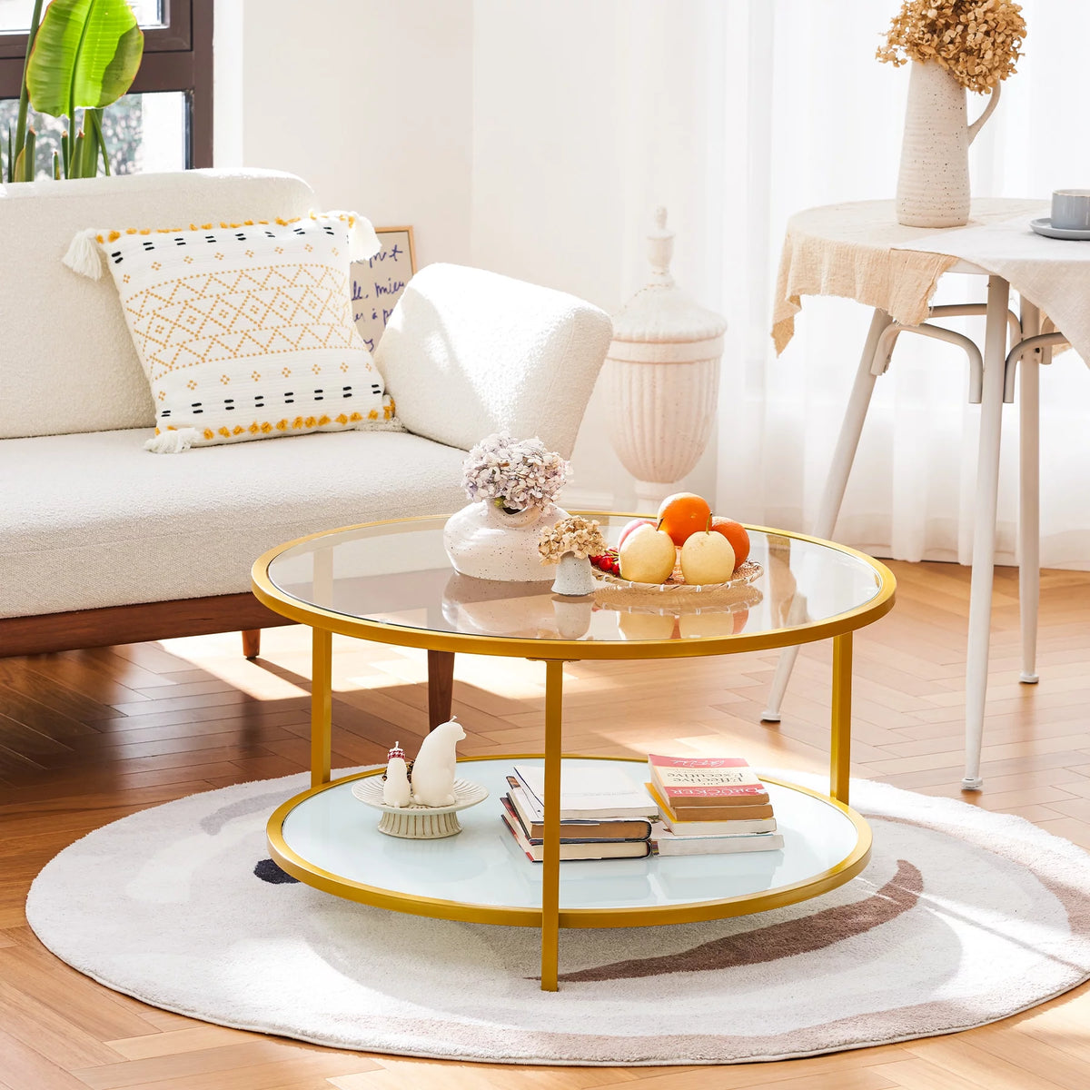 Glass Coffee Table with Storage Shelf Metal Frame Gold Y3890