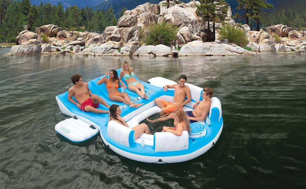 Blue 4 Person Vinyl Pool Raft Lounger with Cup Holders N4763