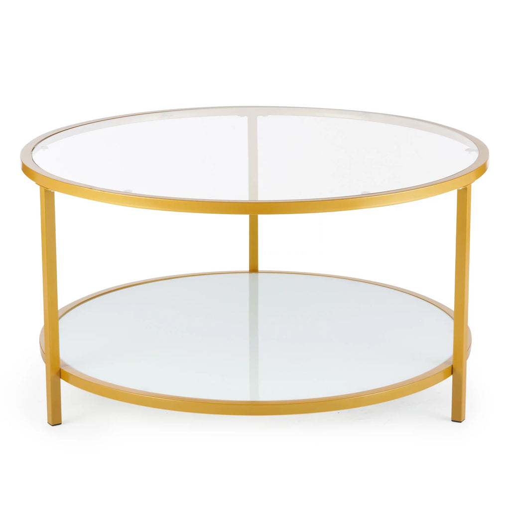 Glass Coffee Table with Storage Shelf Metal Frame Gold Y3890