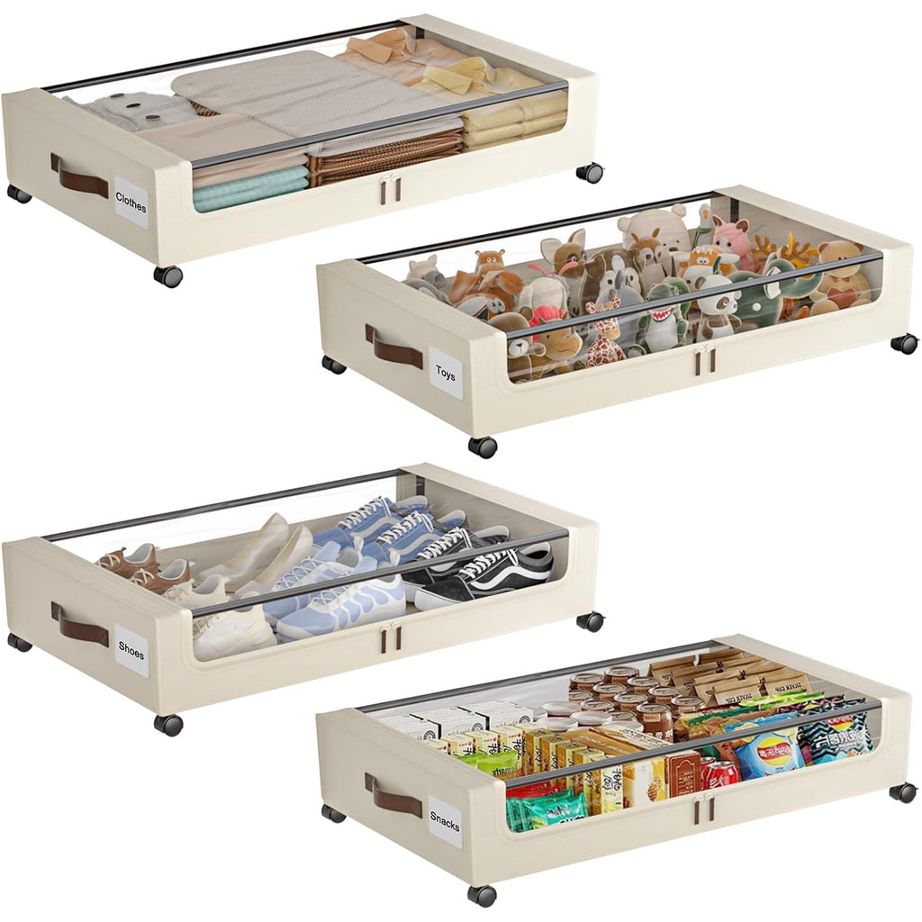 White 4 Pack 60L Under Bed Storage Bins with Wheels and Clear Lids D491
