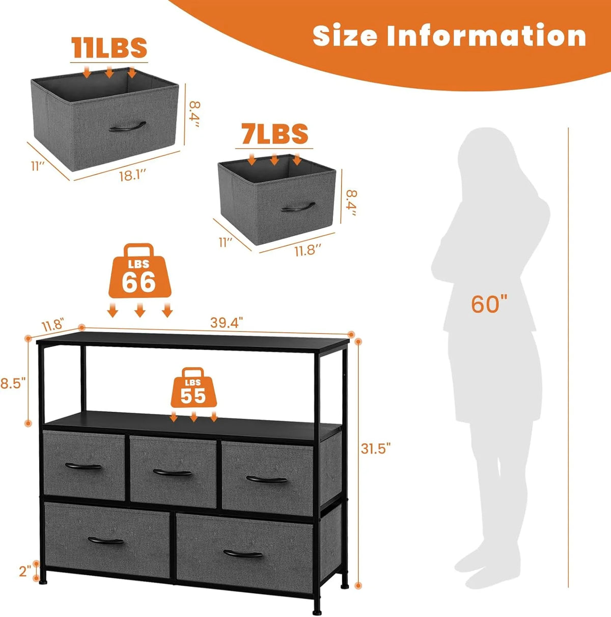 5 Fabric Drawer Dresser with Wood Top and Steel Frame Y670