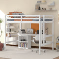 Full Size White Wooden Loft Bed with Built-in Desk and Shelves S663