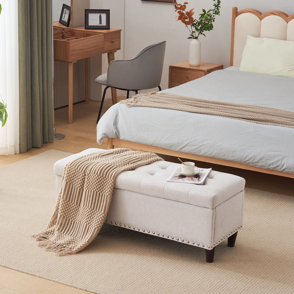 Off-White Linen Upholstered Storage Bench W2719
