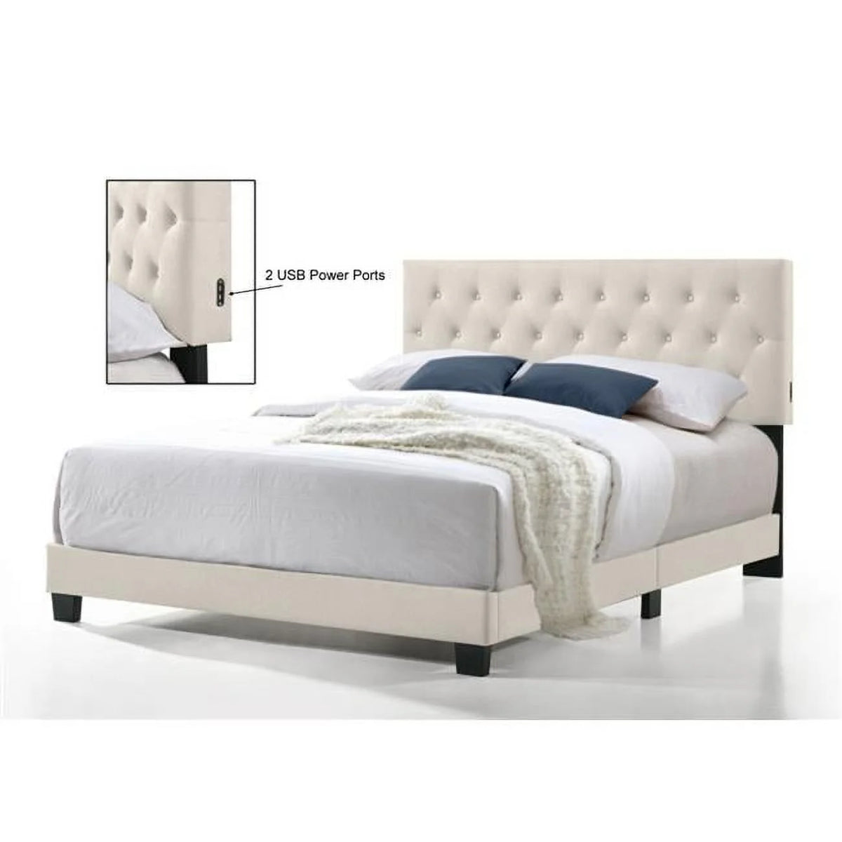 Beige Twin Size Linen Bed with USB Power Connection X68361