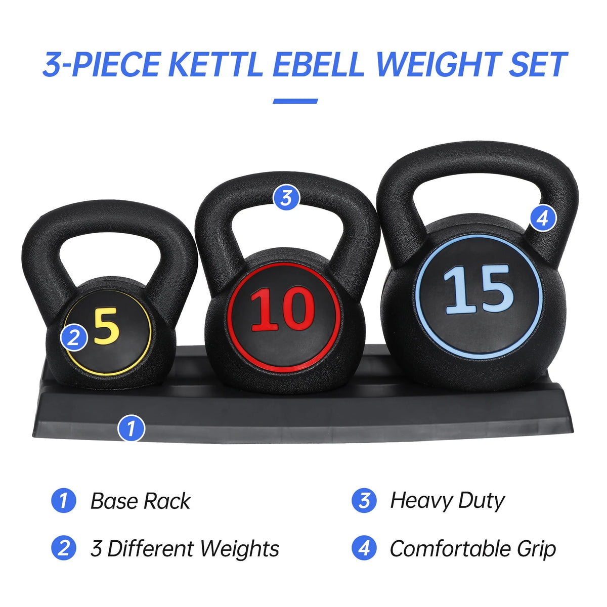 3 Piece 5lb 10lb 15lb Kettlebell Set with Storage Rack F92661