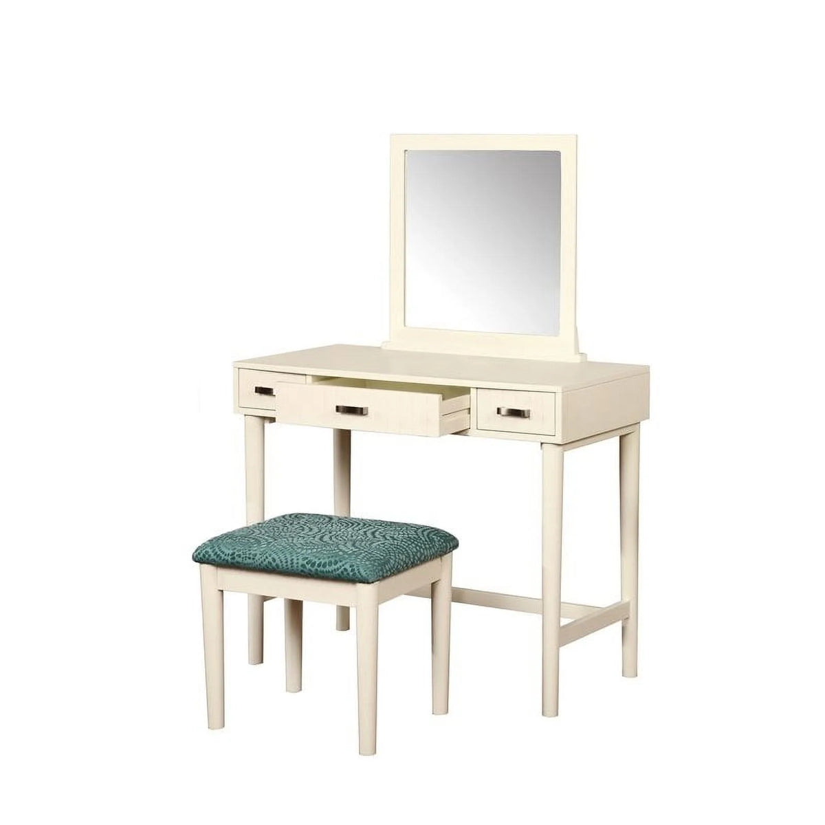 Off-White 3-Drawer Vanity Set with Green Swirl Upholstered Stool P976028
