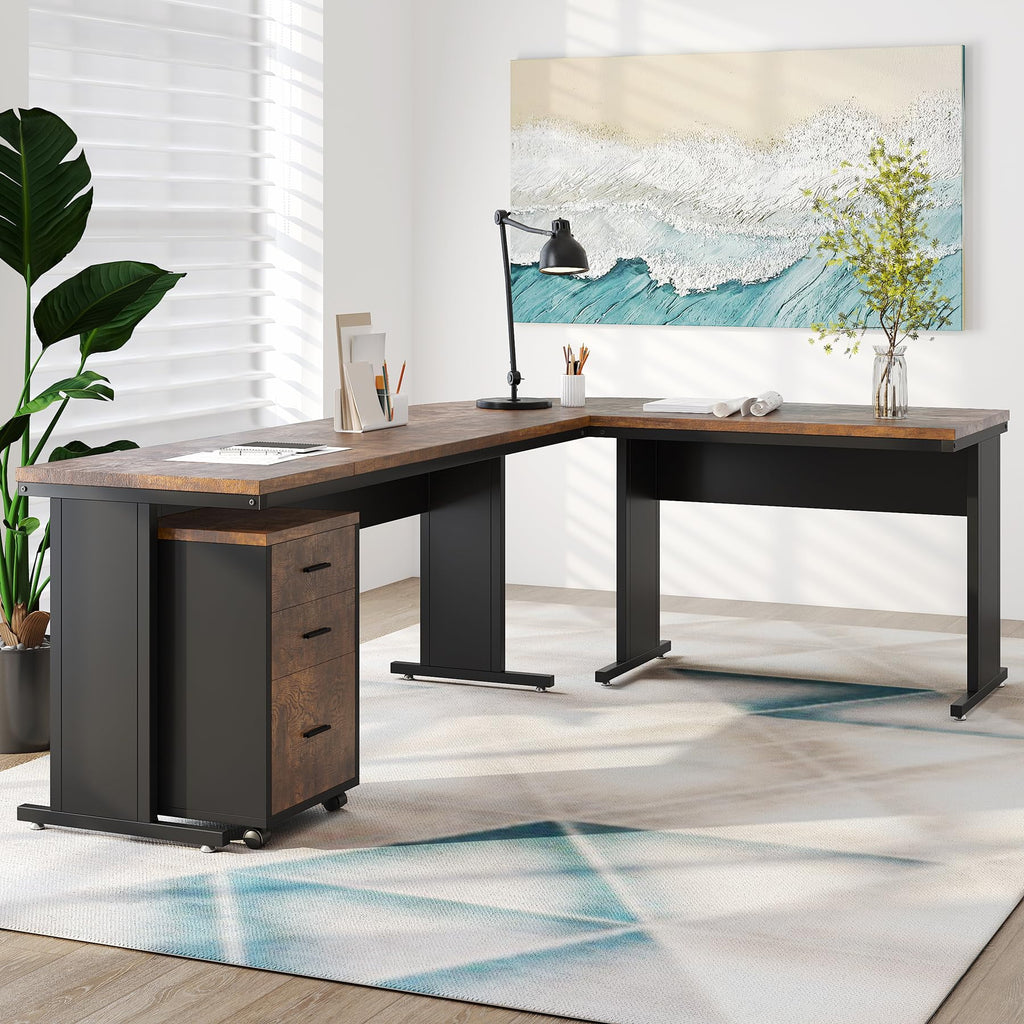 83" L-Shaped Executive Desk with 3-Drawer File Cabinet S38395