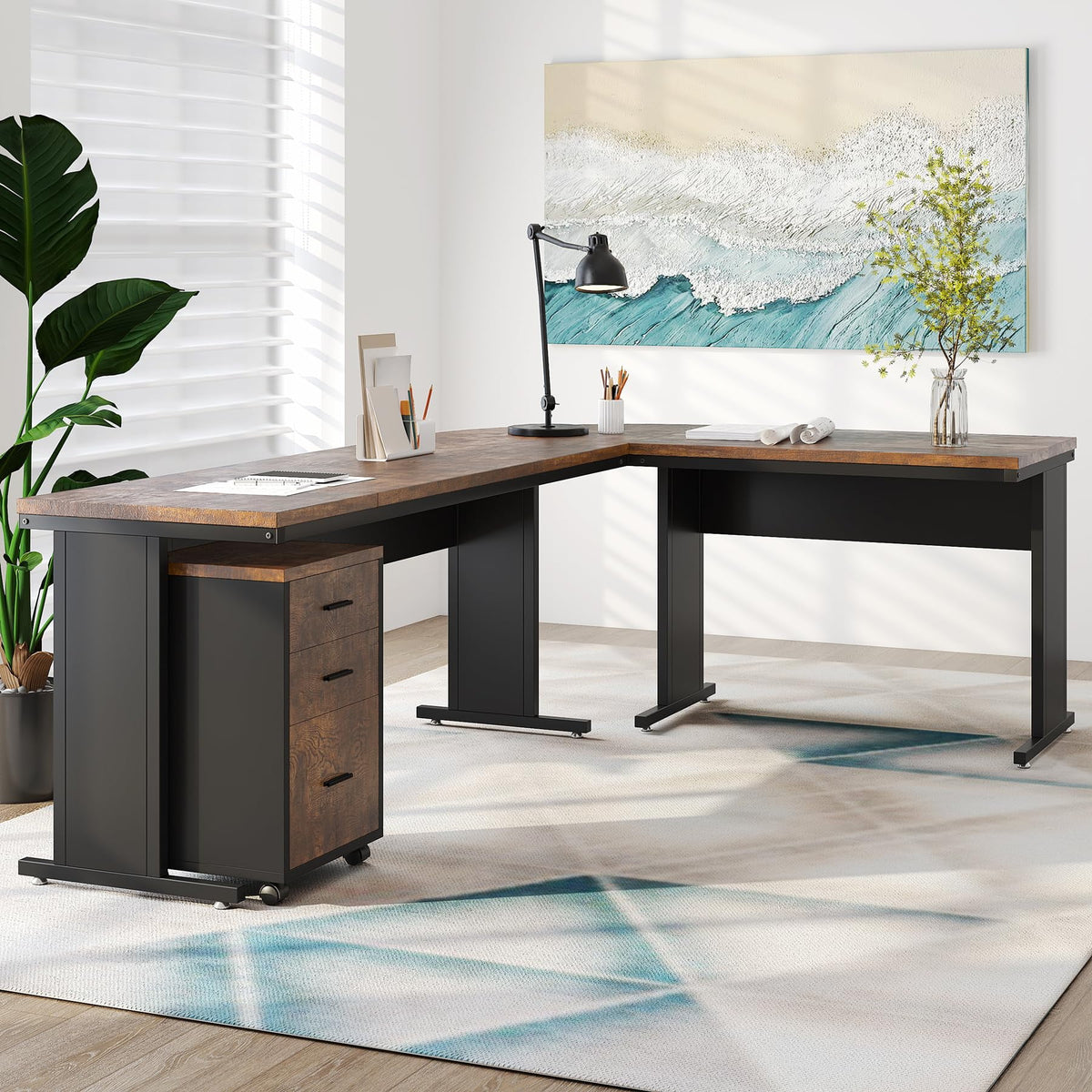 83" L-Shaped Executive Desk with 3-Drawer File Cabinet S38395
