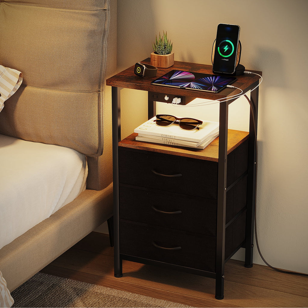 3-Tier Nightstand with Drawers and Charging Station L189