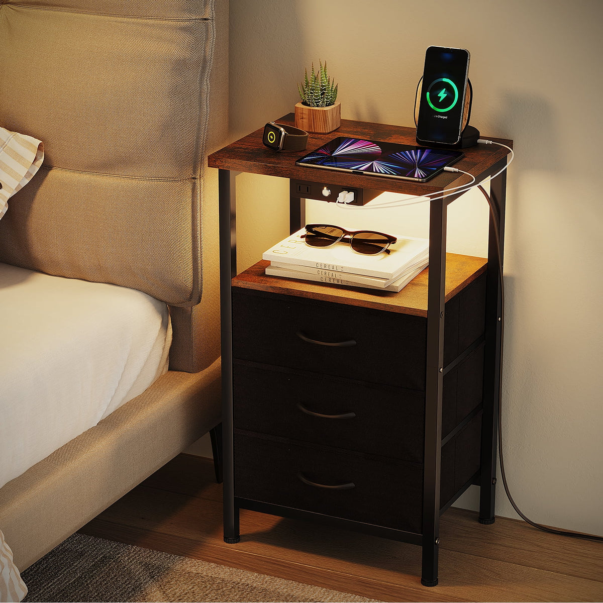3-Tier Nightstand with Drawers and Charging Station L189
