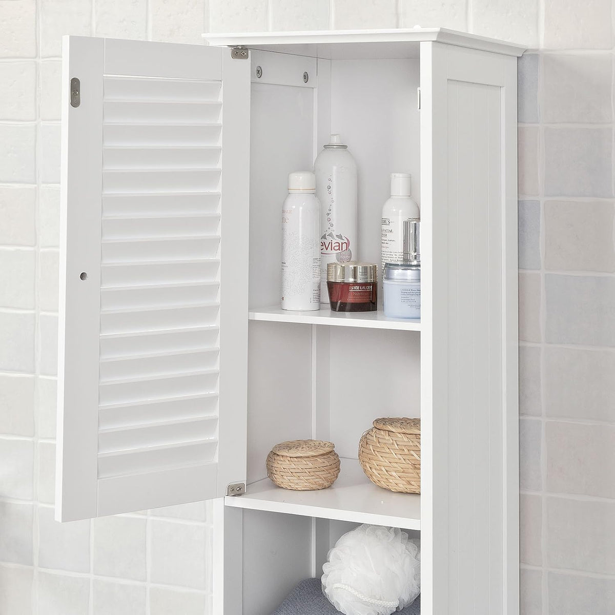 White Floor Standing Tall Bathroom Storage Cabinet with Shelves and Drawers R24554