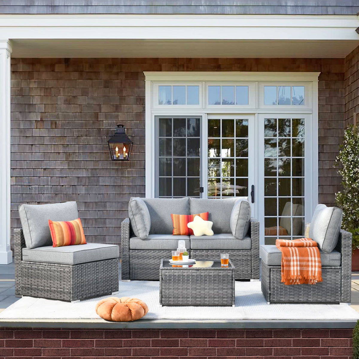 5 Piece Outdoor Patio Furniture Set Wicker Rattan Sectional Couch, Dark Grey Q712563