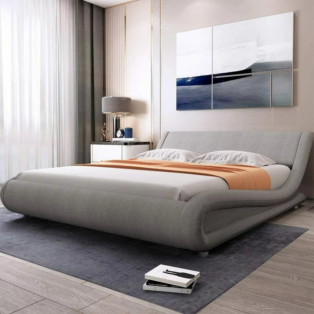 Queen Size Bed Frame with Curved Adjustable Headboard Grey I345