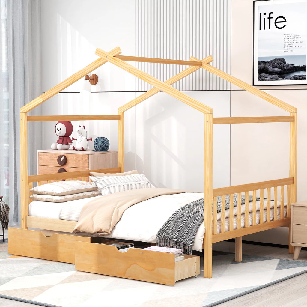 Full Size House Bed with Roof and 2 Drawers M964