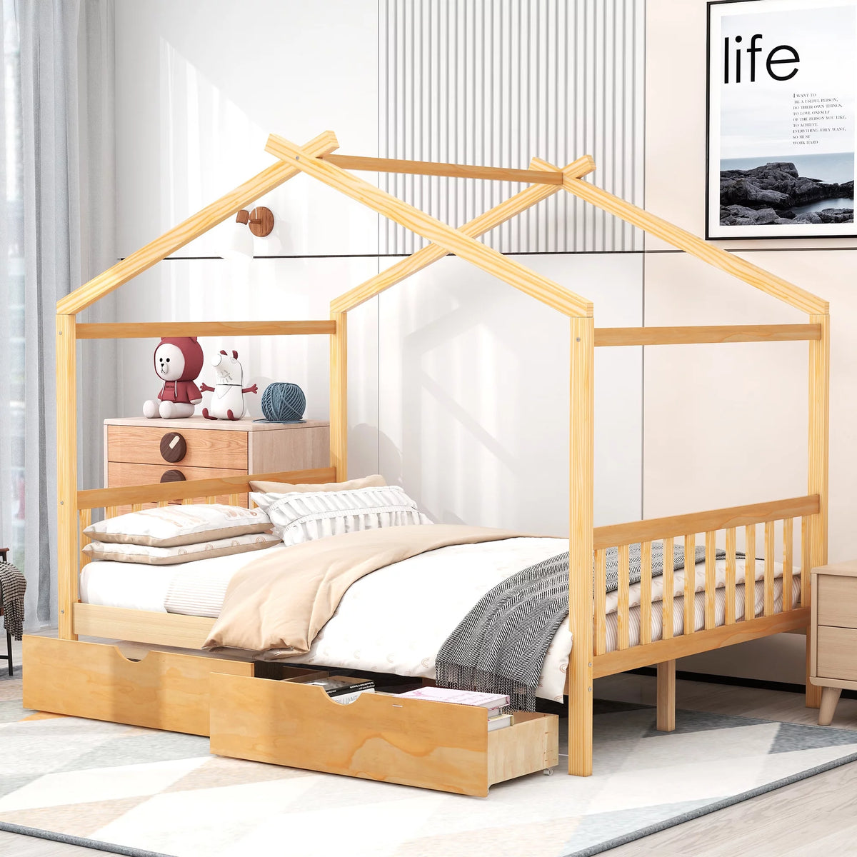 Full Size House Bed with Roof and 2 Drawers M964