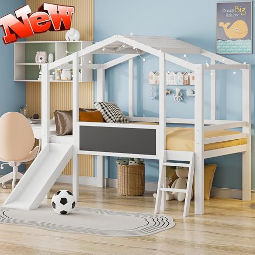 White Twin Low Loft Bed with Slide and Storage Shelves L4881