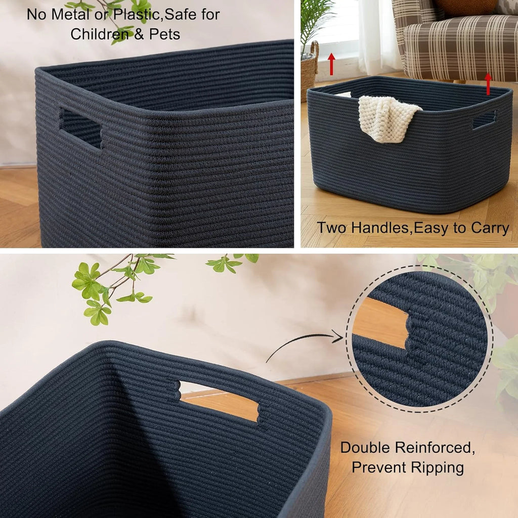 75L Large Woven Cotton Rope Blanket Storage Basket with Handle G729