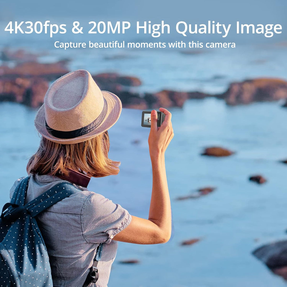 4K30FPS 20MP WiFi Action Camera with Touch Screen IPX8 33FT Waterproof EIS 2.0 Zoom External Mic Voice Control 2X 1350mAh Batteries C567