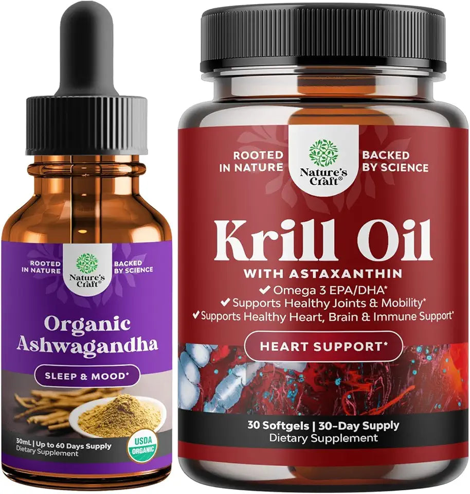 Organic Ashwagandha Liquid Drops and Antarctic Krill Oil 500mg Softgels X199267