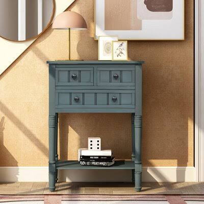 Ivory White Narrow Console Table with Three Storage Drawers and Bottom Shelf B5443