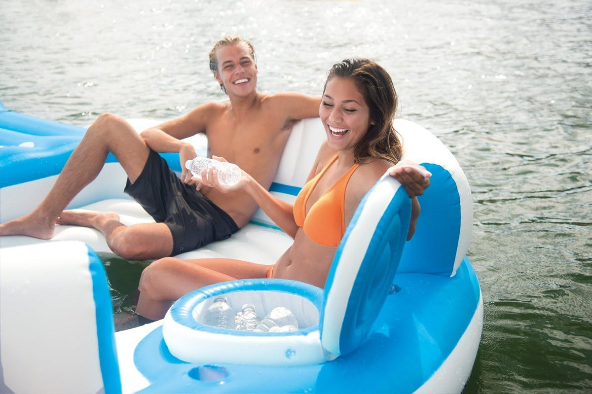 Blue 4 Person Vinyl Pool Raft Lounger with Cup Holders N4763