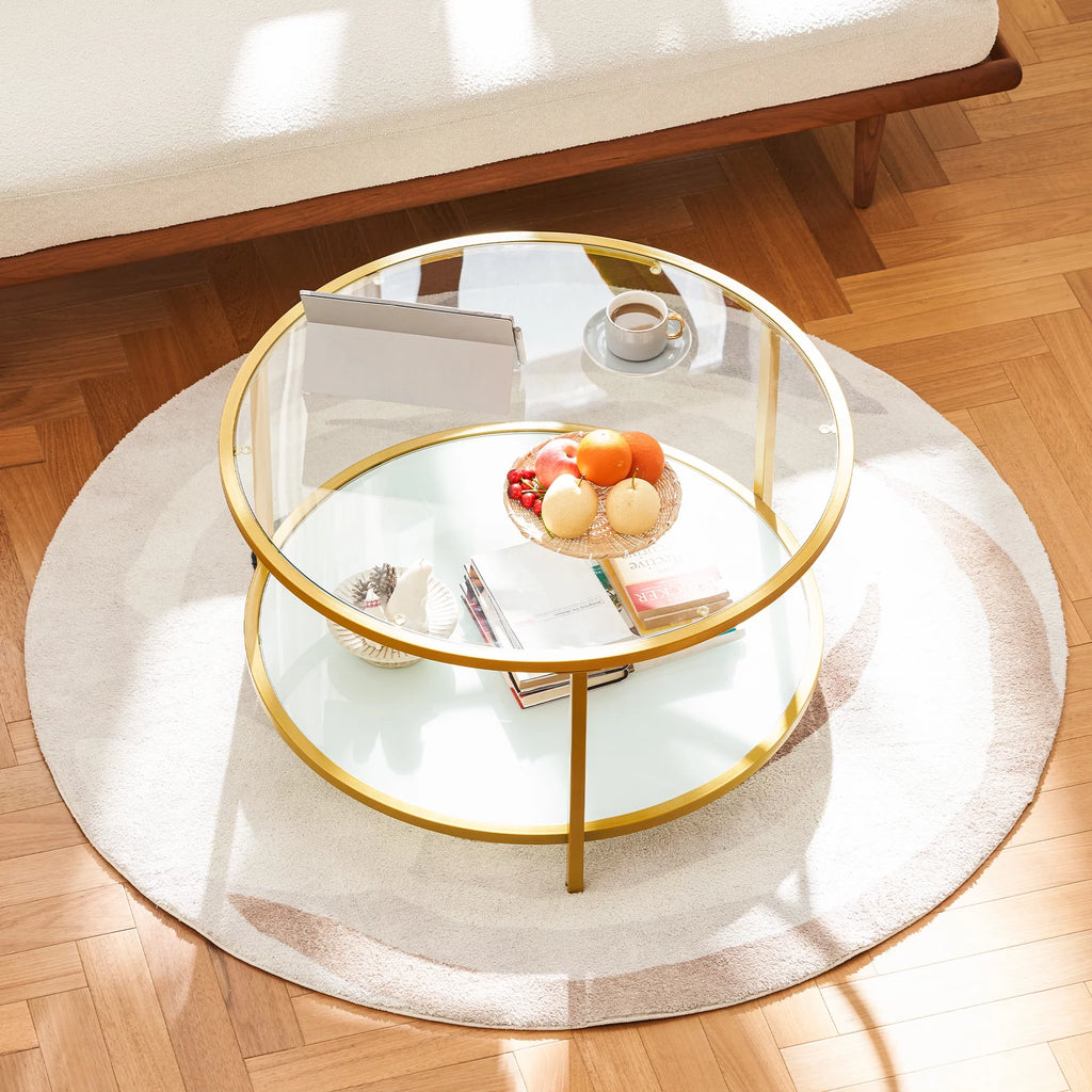 Glass Coffee Table with Storage Shelf Metal Frame Gold Y3890