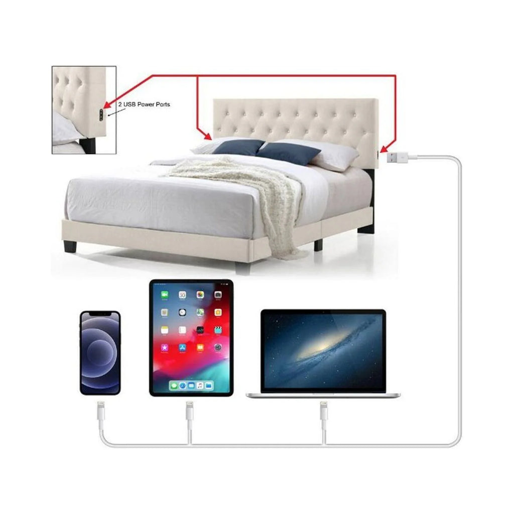 Beige Twin Size Linen Bed with USB Power Connection X68361