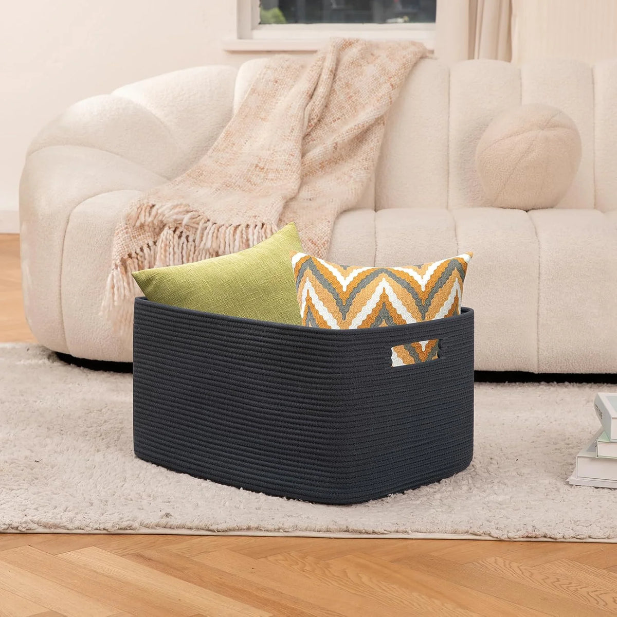 75L Large Woven Cotton Rope Blanket Storage Basket with Handle G729