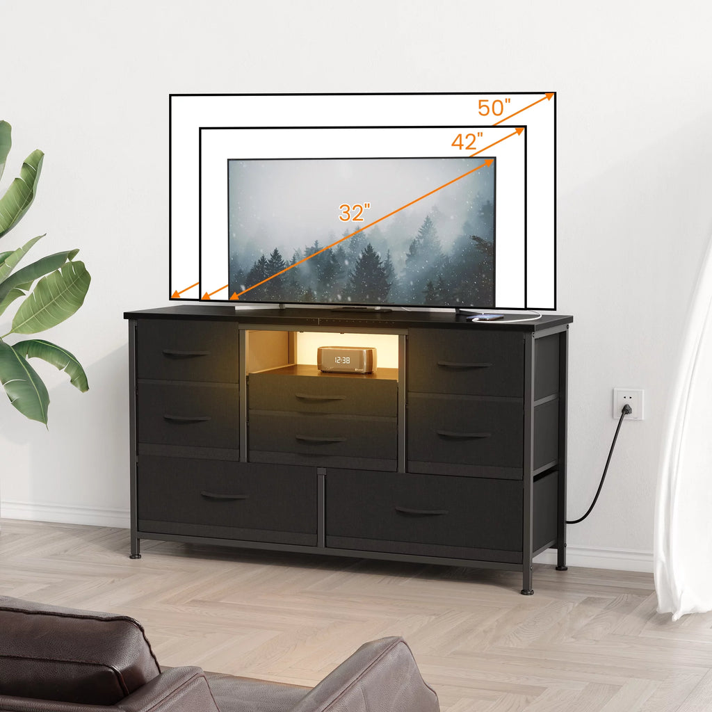 8 Drawer Dresser TV Stand with Electrical Outlet and LED Lights J502