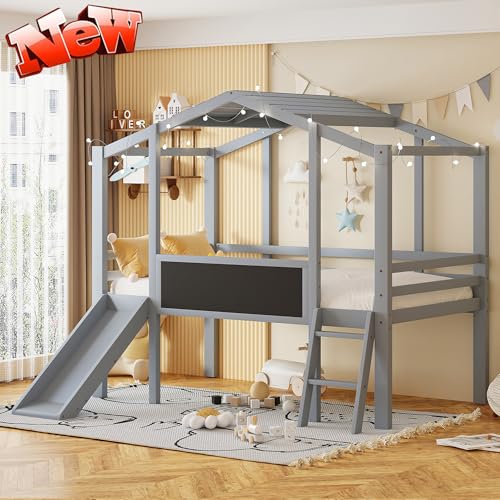 White Twin Low Loft Bed with Slide and Storage Shelves L4881
