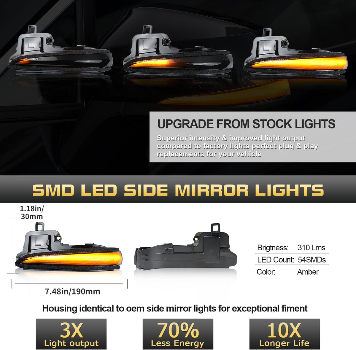 Amber LED Side Mirror Turn Signal Light Indicator Strip Smoked Lens Q4668