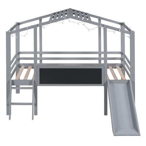 White Twin Low Loft Bed with Slide and Storage Shelves L4881
