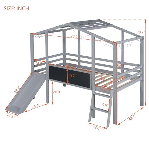White Twin Low Loft Bed with Slide and Storage Shelves L4881