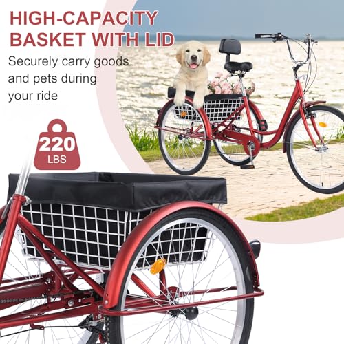 24/26-Inch 3-Wheel Adult Tricycle with 7-Speed Gearing and Basket K5580