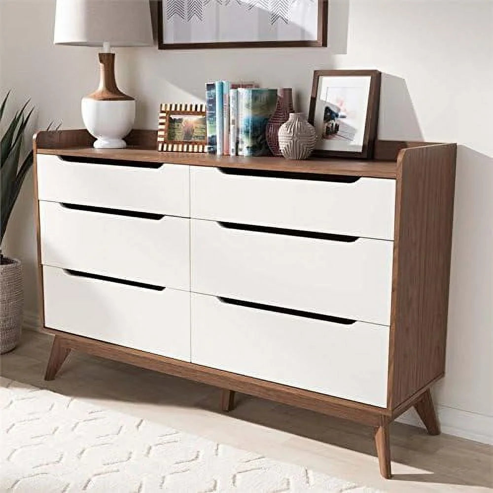 White and Walnut 6 Drawer Wood Dresser Z85376