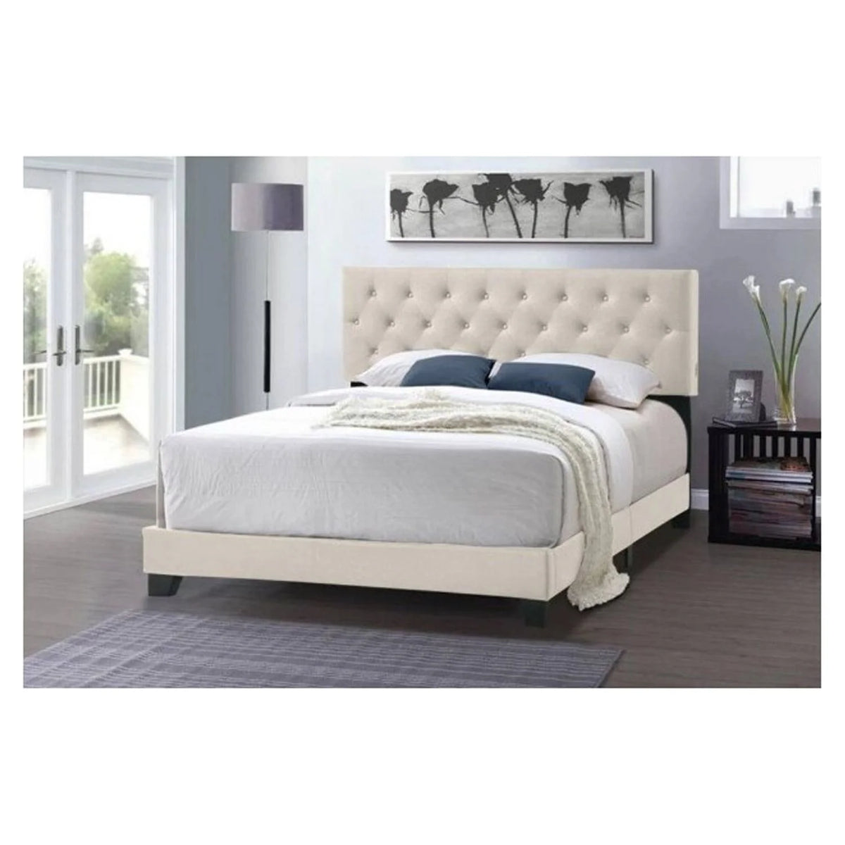 Beige Twin Size Linen Bed with USB Power Connection X68361