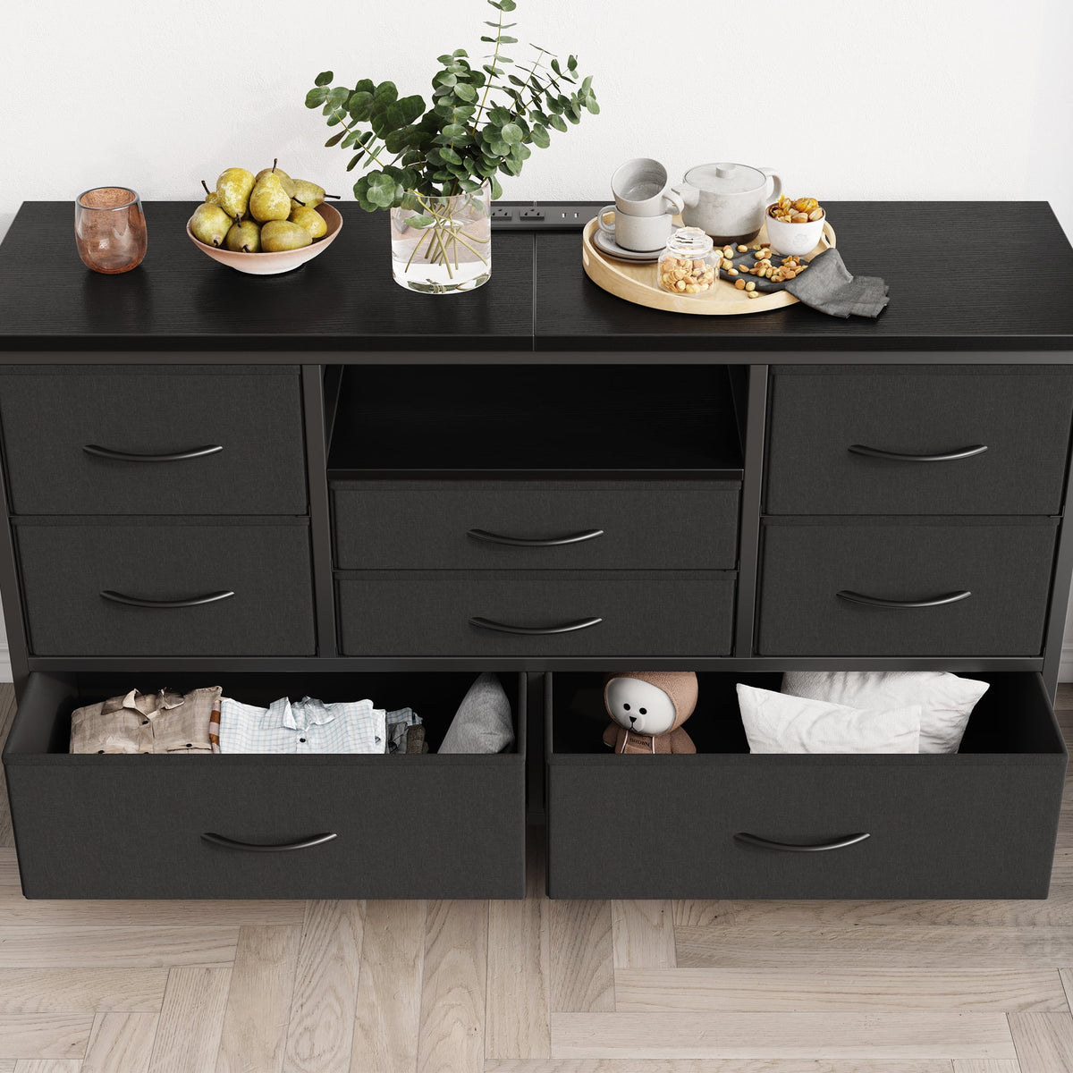 8 Drawer Dresser TV Stand with Electrical Outlet and LED Lights J502