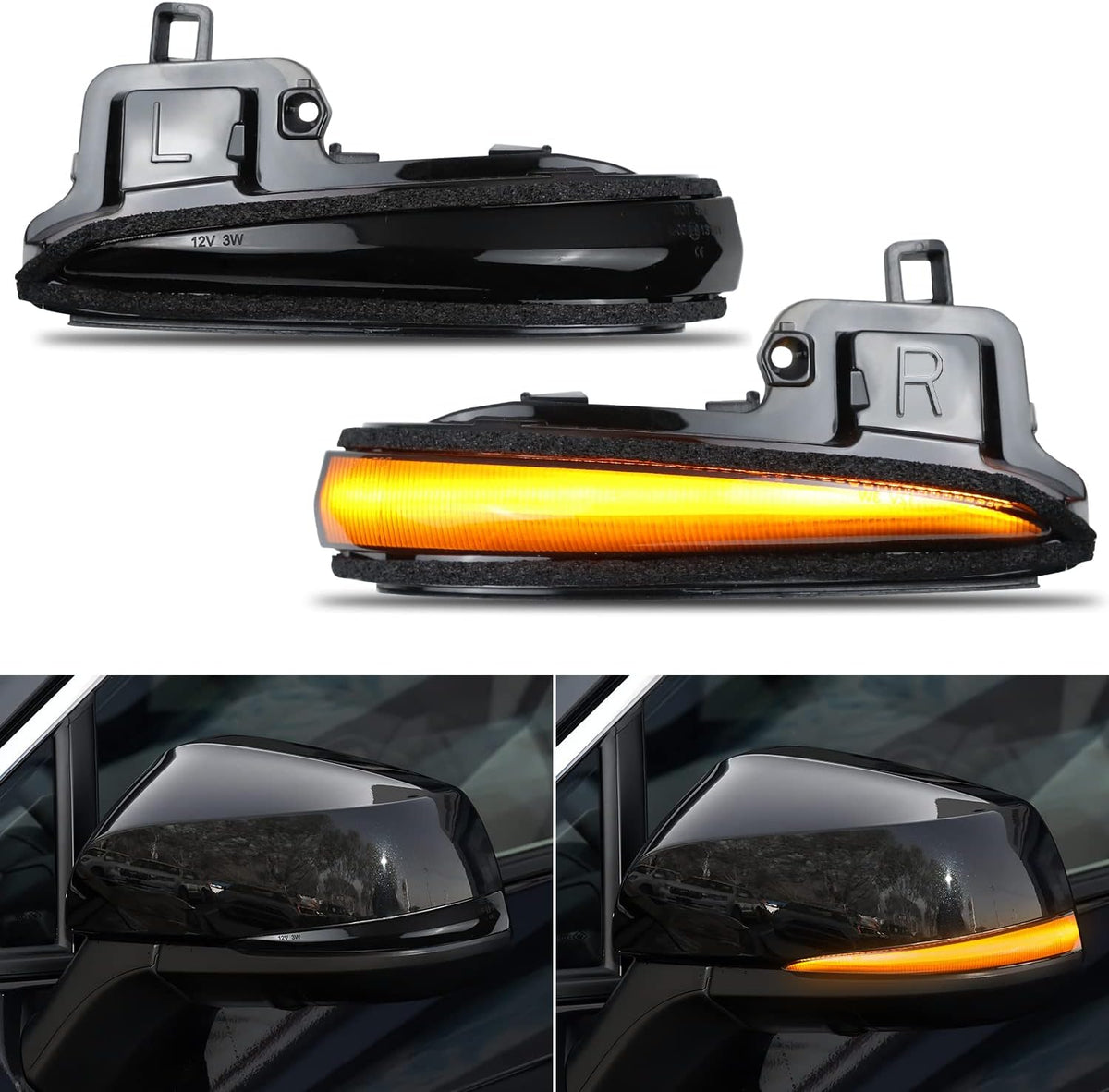 Amber LED Side Mirror Turn Signal Light Indicator Strip Smoked Lens Q4668
