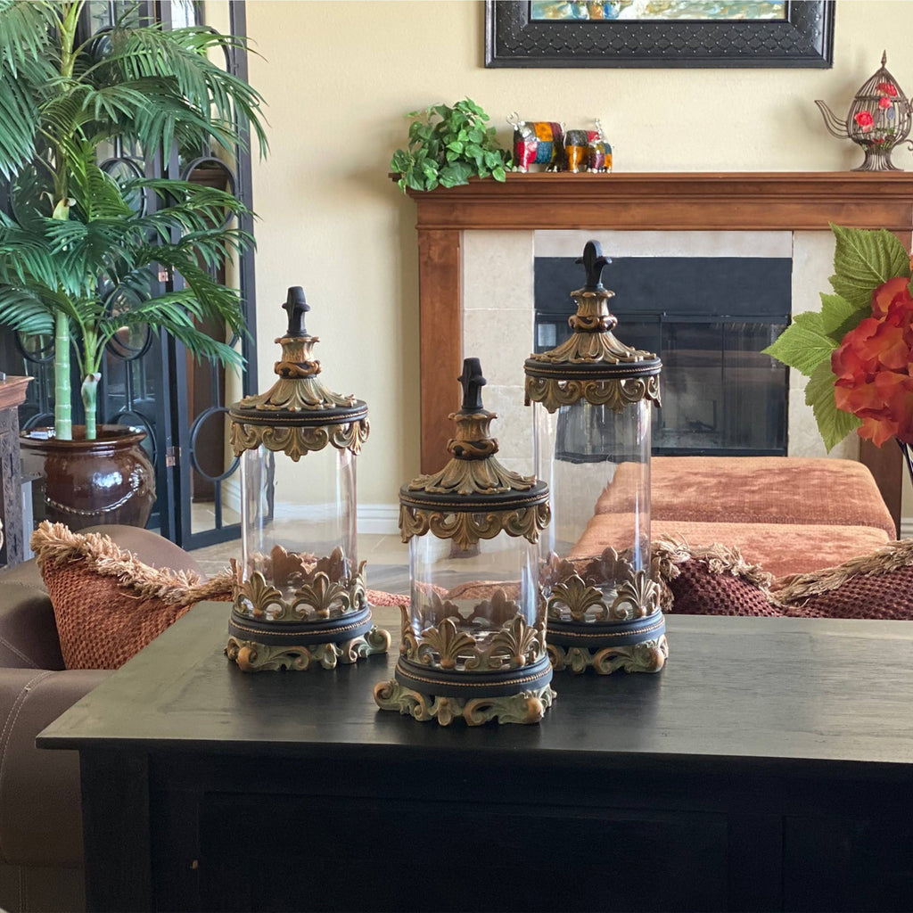Antiqued Gold 3-Piece Glass Cylinder Canister Set V500