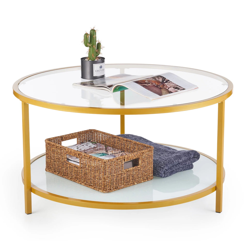 Glass Coffee Table with Storage Shelf Metal Frame Gold Y3890