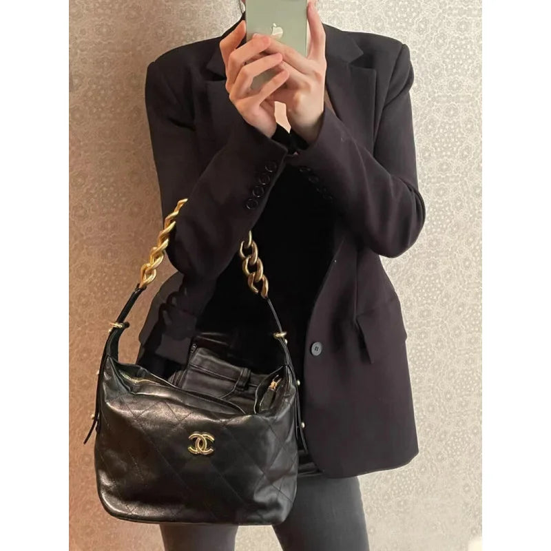 Black Calfskin Leather Hobo Bag N685