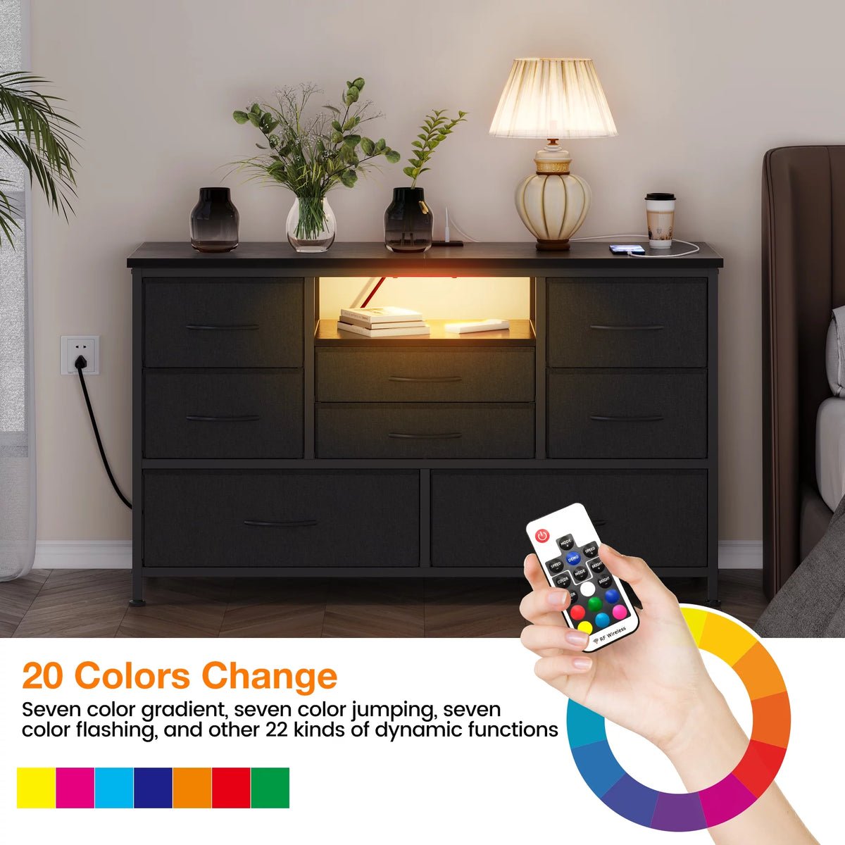 8 Drawer Dresser TV Stand with Electrical Outlet and LED Lights J502