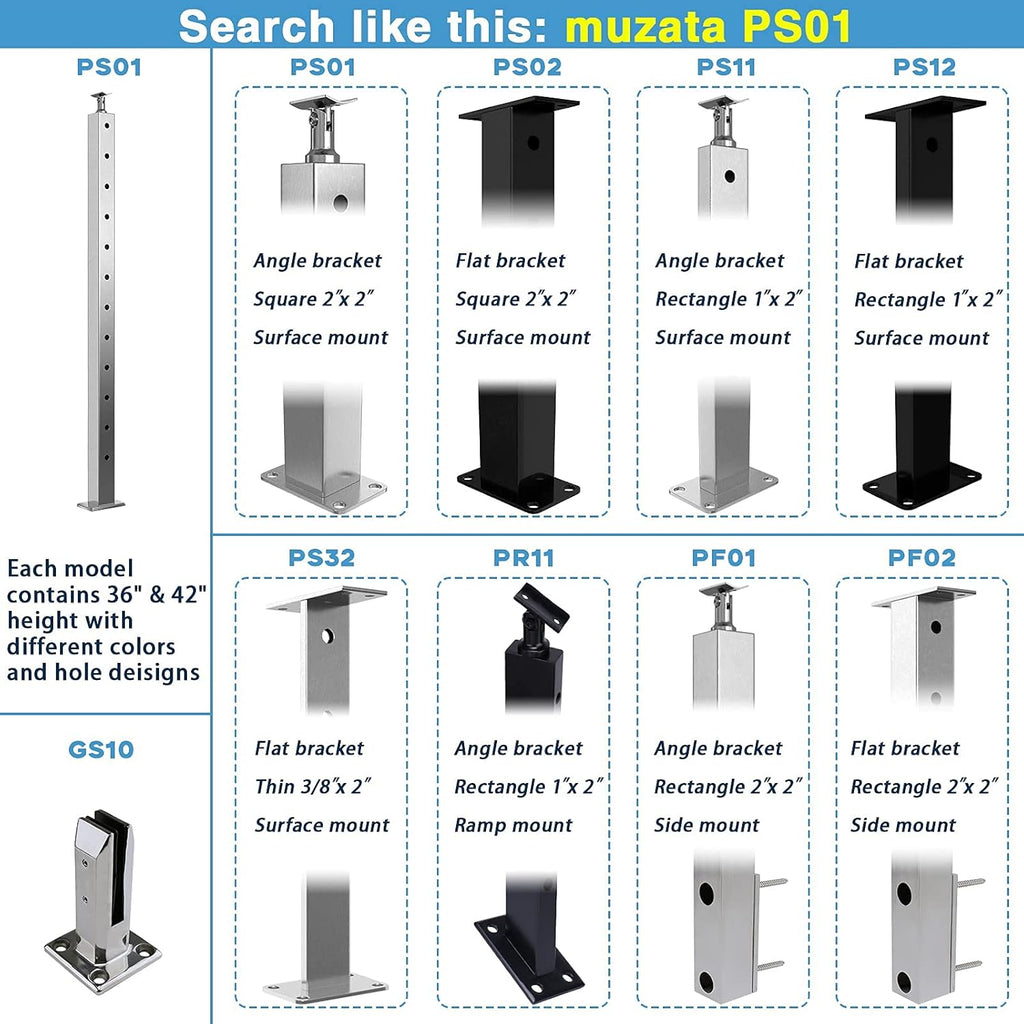 Black 30 Degree Stair Pre-Drilled Angle Holes 36x2x2 Stainless Steel Square Weldless Cable Railing Post M788814