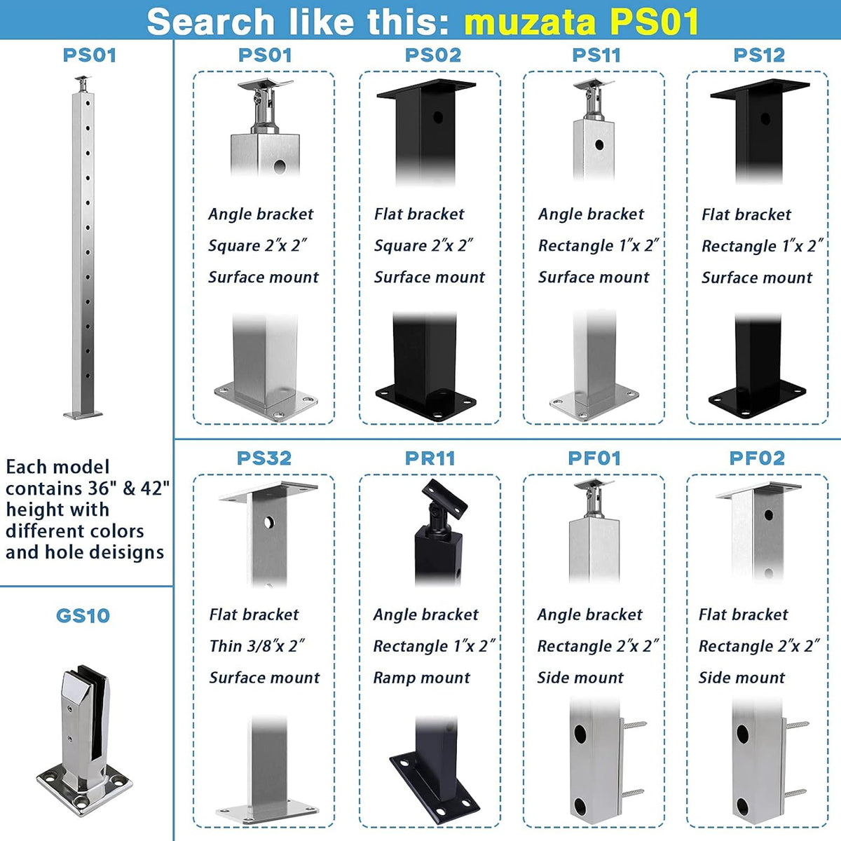 Black 30 Degree Stair Pre-Drilled Angle Holes 36x2x2 Stainless Steel Square Weldless Cable Railing Post M788814