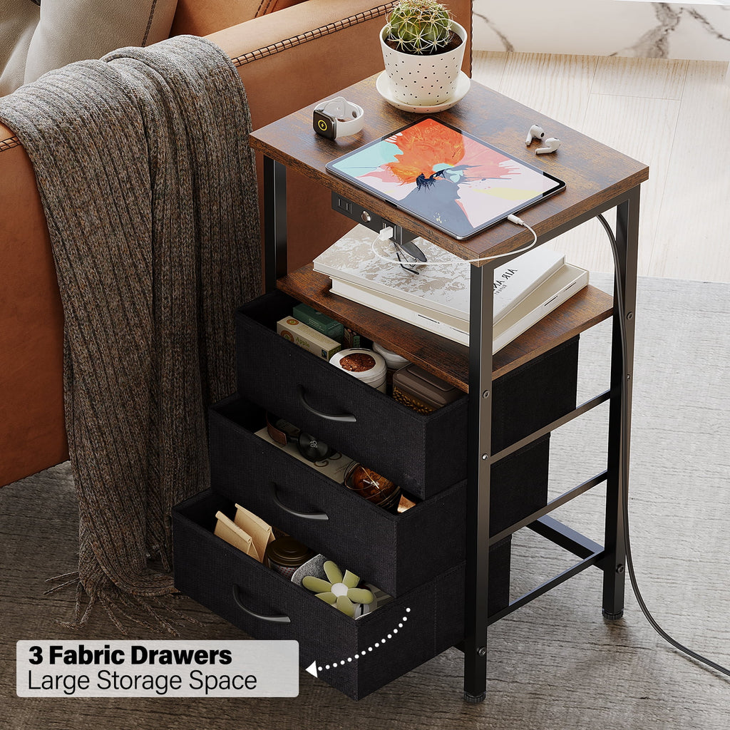 3-Tier Nightstand with Drawers and Charging Station L189